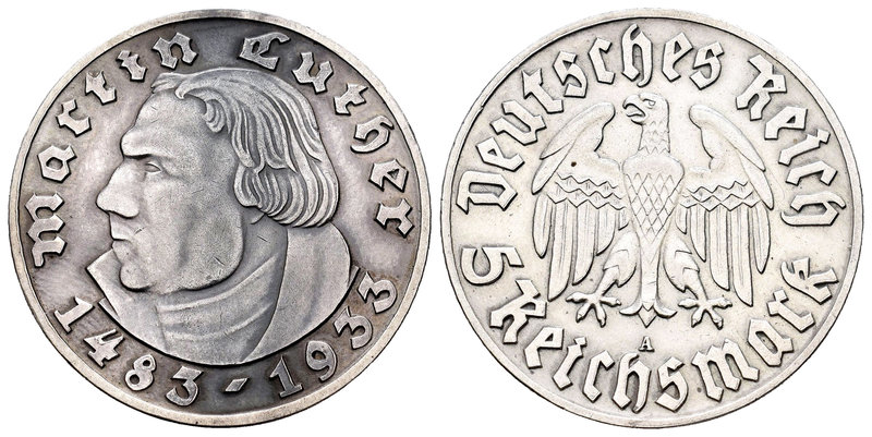 Alemania. 5 reichsmark. 1933. Berlín. A. (Km-80). Ag. 13,85 g. 450º Aniversario ...