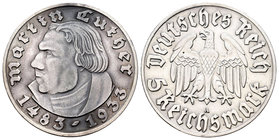 Alemania. 5 reichsmark. 1933. Berlín. A. (Km-80). Ag. 13,85 g. 450º Aniversario del nacimiento de Martin Luther. Escasa. EBC. Est...220,00.