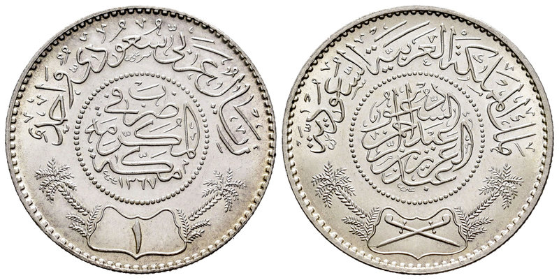 Arabia Saudí. Abd al-Aziz. 1 rial. 1367H (1947). (Km-18). Ag. 11,66 g. Brillo or...