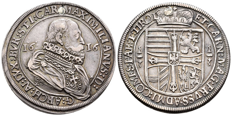 Austria. Maximiliano. 1 thaler. 1616. Hall. (Dav-3322). Ag. 28,33 g. Agujero tap...