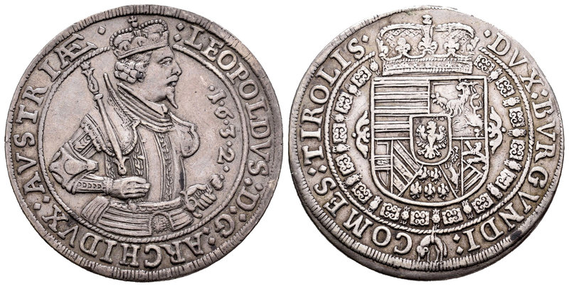 Austria. Leopold I. 1 thaler. 1632. Hall. (Km-629). Ag. 28,38 g. Resto de soldad...