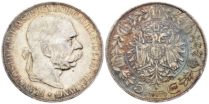 Austria. Franz Joseph I. 5 coronas. 1907. (Km-2807). Ag. 23,92 g. Pátina irregul...