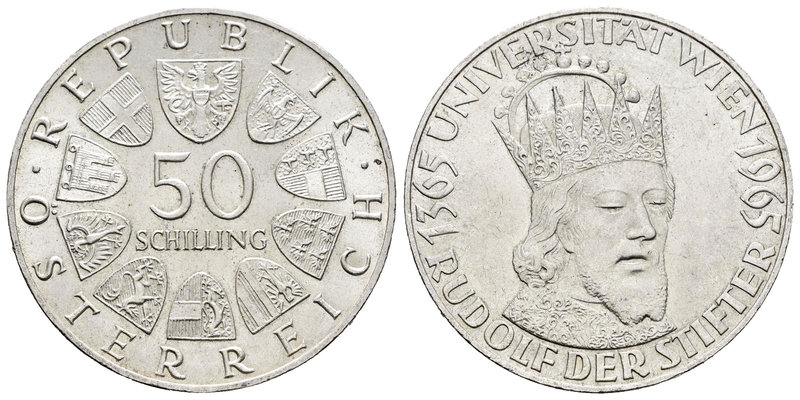 Austria. 50 schillings. 1965. (Km-2899). Ag. 20,06 g. 600º Aniversario de la Uni...