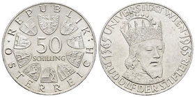 Austria. 50 schillings. 1965. (Km-2899). Ag. 20,06 g. 600º Aniversario de la Universidad de Viena. SC-. Est...20,00.
