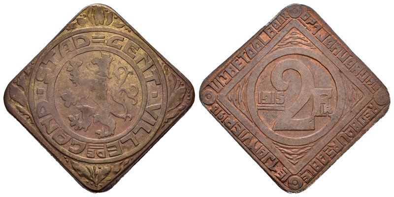 Bélgica. 2 franken. 1915. (Km-Tn4). Ae. 6,83 g. Monedas de emergencia en Gante d...