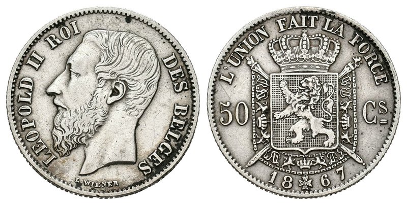 Bélgica. Leopold II. 50 céntimos. 1867. (Km-26). Ag. 2,48 g. MBC+. Est...80,00....