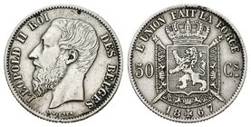 Bélgica. Leopold II. 50 céntimos. 1867. (Km-26). Ag. 2,48 g. MBC+. Est...80,00.