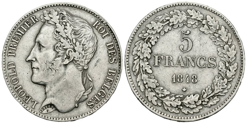 Bélgica. Leopold I. 5 francos. 1848. (Km-3.2). Ag. 24,82 g. MBC. Est...70,00.