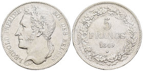 Bélgica. Leopold I. 5 francos. 1849. (Km-3.2). Ag. 24,91 g. Rayitas. MBC+. Est...50,00.