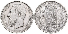 Bélgica. Leopold II. 5 francos. 1869. (Km-24). Ag. 24,90 g. Roces en el canto. MBC-. Est...25,00.