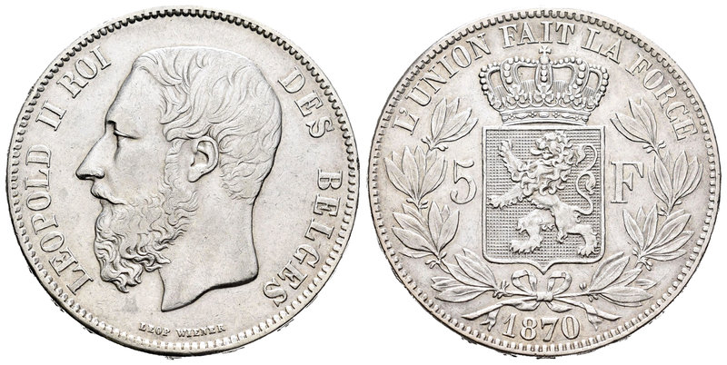 Bélgica. Leopold II. 5 francos. 1870. (Km-24). Ag. 24,89 g. MBC/MBC+. Est...35,0...