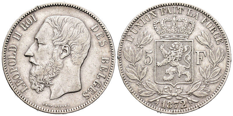 Bélgica. Leopold II. 5 francos. 1972. (Km-24). Ag. 24,83 g. Dos golpecitos en el...