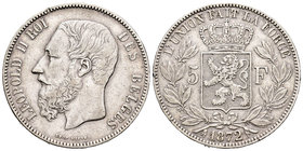 Bélgica. Leopold II. 5 francos. 1972. (Km-24). Ag. 24,83 g. Dos golpecitos en el canto. MBC-. Est...18,00.