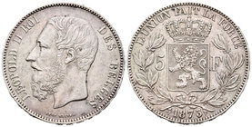 Bélgica. Leopold II. 5 francos. 1875. (Km-24). Ag. 25,03 g. MBC+. Est...30,00.