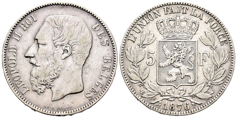 Bélgica. Leopold II. 5 francos. 1876. (Km-24). Ag. 24,77 g. MBC-. Est...20,00.