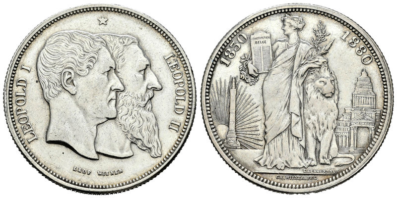 Bélgica. Leopold II. 5 francos (módulo). 1880. (Km-19.M9). Anv.: Bustos a derech...