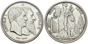 Bélgica. Leopold II. 5 francos (módulo). 1880. (Km-19.M9). Anv.: Bustos a derecha de Leopold I y II. Ag. 24,88 g. Centenario del reino. EBC-. Est...75...