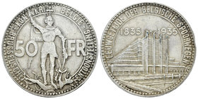 Bélgica. Leopold III. 50 francos. 1935. (Km-107.1). Ag. 21,98 g. Centenario del ferrocarril y Exposición de Bruselas. Leyenda flamenca. Limpiada. MBC+...