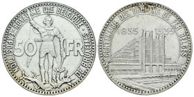 Bélgica. Leopold III. 50 francos. 1935. (Km-106.1). Ag. 21,85 g. Centenario del ferrocarril y Exposición de Bruselas. Leyenda francesa. Limpiada. EBC....