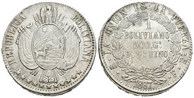 Bolivia. 1 boliviano. 1867. Potosí. FE. (Km-15.2). Ag. 24,69 g. EBC-. Est...80,00.