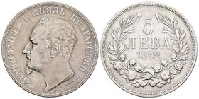 Bulgaria. Ferdinand I. 5 leva. 1892. KB. (Km-15). Ag. 24,82 g. MBC/MBC+. Est...45,00.