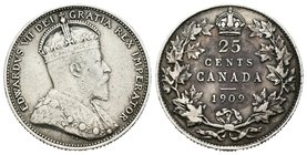 Canadá. Edward VII. 25 cents. 1909. (Km-11). Ag. 5,80 g. MBC-. Est...45,00.