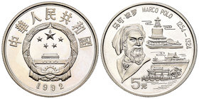 China. 5 yuan. 1992. (Km-467). Ag. 15,16 g. Marco Polo, 1254-1324. Tirada de 12000 piezas. PROOF. Est...60,00.