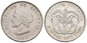 Colombia. 50 centavos. 1892. (Km-187.2). Ag. 12,51 g. EBC. Est...45,00.