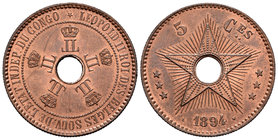 Congo Belga. Leopold II. 5 céntimos. 1894. (Km-3). Ae. 10,18 g. Raya en anverso. Brillo y color originales. EBC+. Est...50,00.