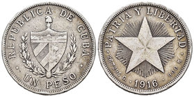 Cuba. 1 peso. 1916. (Km-15.2). Ag. 26,34 g. Golpes. MBC-. Est...20,00.