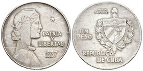 Cuba. 1 peso. 1937. (Km-22). Ag. 26,61 g. Muy escasa. MBC+. Est...250,00.