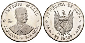 Cuba. 20 pesos. 1977. (Km-40). Ag. 26,07 g. Antonio Maceo, Protesta de Baragua. PROOF. Est...25,00.