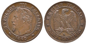 Francia. Napoleón III. 2 céntimos. 1862. Burdeos. K. (Km-796.2). Ae. 2,01 g. MBC+. Est...16,00.