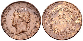 Francia. Colonias. Louis Philippe I. 10 centimes. 1843. París. A. (Km-13). (Gad-2948). Ae. 19,84 g. Buen ejemplar. EBC+. Est...120,00.