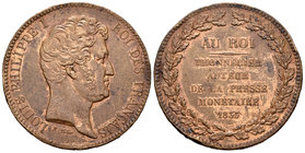 Francia. Louis Philippe I. Prueba de 5 francos. 1833. (Gad-2836). (Mazard-1152). Rev.: ESSAI/ DE LA PRESSE/ MONÉTAIRE/ DE THONNELIER/ INGÉNIEUR. Ae. 2...