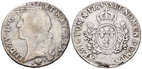 Francia. Louis XV. Ecu. 1764. Bayona. (L). (Km-551.9). (Dav-1680). Ag. 28,54 g. Resto de soldadura a las 12 h. BC+/MBC-. Est...60,00.