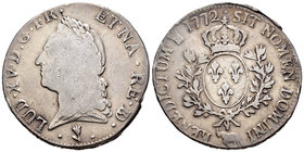 Francia. Louis XV. Ecu. 1772. Pau. (Km-518). (Gad-323a). (Dav-A1331). Ag. 28,65 g. BC+/MBC. Est...90,00.