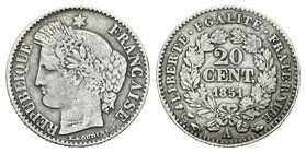 Francia. 20 cent. 1851. París. A. (Km-758.1). Ag. 0,94 g. BC+. Est...10,00.