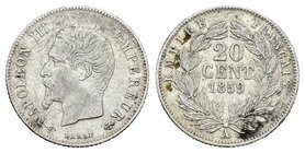 Francia. Napoleón III. 20 centimes. 1859. París. A. (Km-778.1). Ag. 0,99 g. BC+. Est...10,00.