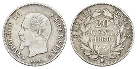 Francia. Napoleón III. 20 centimes. 1860. Estrasburgo. BB. (Km-778.1). Ag. 0,96 g. BC. Est...9,00.