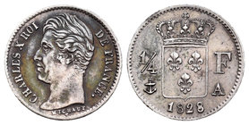 Francia. Carlos X. 1/4 franco. 1828. París. A. (Km-722.1). Ag. 1,28 g. MBC+. Est...70,00.