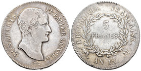 Francia. Napoleón Bonaparte. 5 francos. L´An 12. Toulouse. M. (Km-659.10). (Gad-577). Ag. 24,73 g. Tono. Escasa. MBC. Est...190,00.