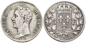 Francia. Charles X. 5 francos. 1826. Marsella. MA. (Km-728.10). (Gad-643). Ag. 24,66 g. Limpiada. BC+/MBC-. Est...35,00.