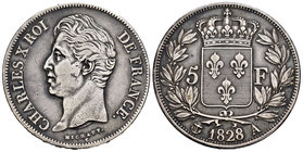 Francia. Charles X. 5 francos. 1828. París. A. (Km-728.1). Ag. 24,95 g. Pátina oscura. MBC/MBC+. Est...35,00.