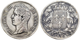 Francia. Charles X. 5 francos. 1830. Lille. W. (Km-728.13). Ag. 24,85 g. MBC-. Est...25,00.