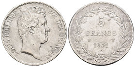Francia. Louis Philippe I. 5 francos. 1831. Lille. W. (Km-735.13). Ag. 24,77 g. MBC-. Est...30,00.
