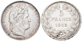 Francia. Louis Philippe I. 5 francos. 1833. Nantes. T. (Km-749). Ag. 24,91 g. MBC-. Est...30,00.