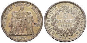 Francia. II República. 5 francos. 1848. (Km-756.1). (Gomes-683). Ag. 24,99 g. Pátina. Restos de brillo original. EBC+. Est...70,00.