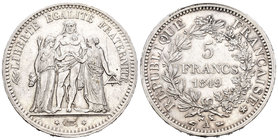 Francia. II República. 5 francos. 1849. París. A. (Km-756.1). (Gad-683). Ag. 24,91 g. EBC-. Est...40,00.