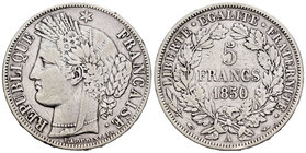 Francia. II República. 5 francos. 1850. París. A. (Km-761.1). Ag. 24,61 g. MBC-. Est...20,00.